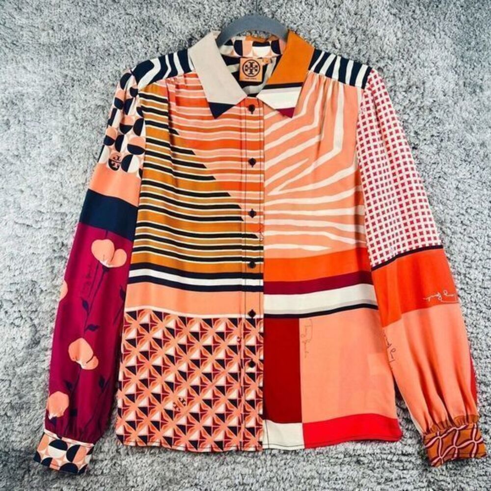 Tory Burch Silk Blouse Shirt Size 8 Geometric Pattern vintage button down